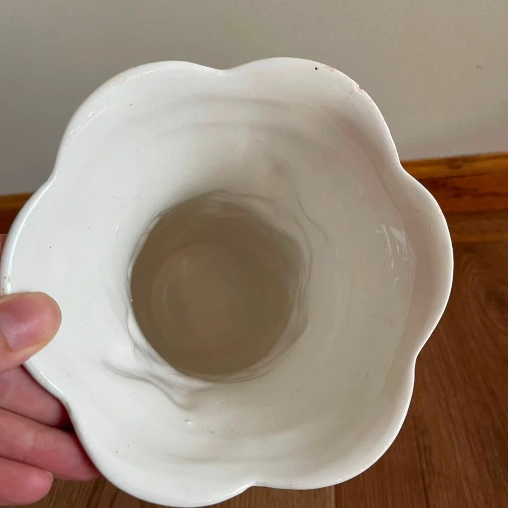 Vintage Napco Ceramic Vase White Green Fern Ivy Leaves Scalloped Rim Mid Century